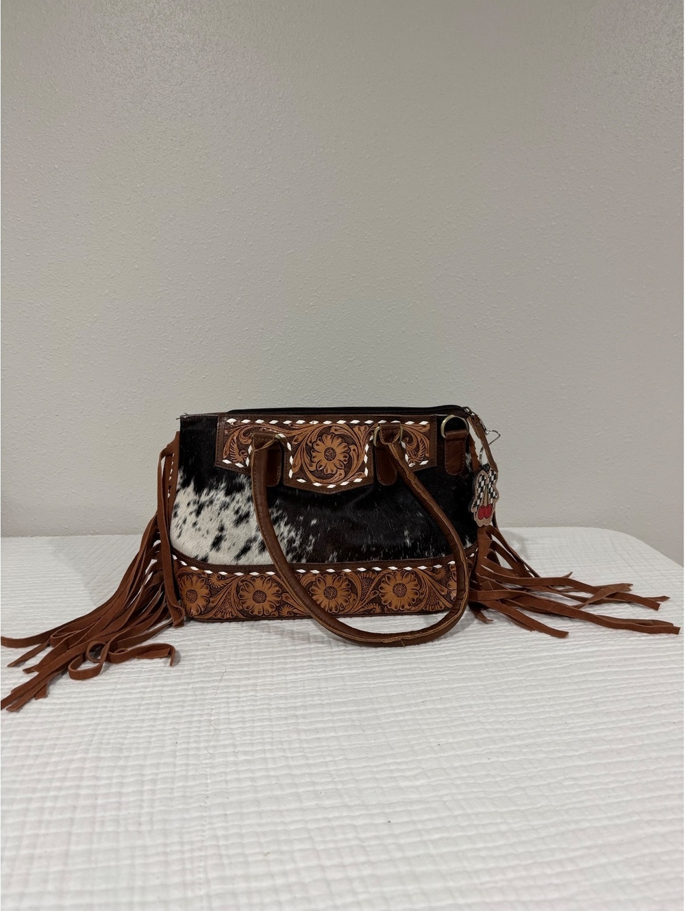 Western Cowhide Tooled Leather Fringe Tote Handbag + Crossbody Strap